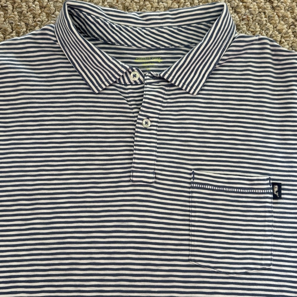 Vineyard Vines Island Polo Shirt Men's XL Blue White Stripe Pocket Whale Cotton